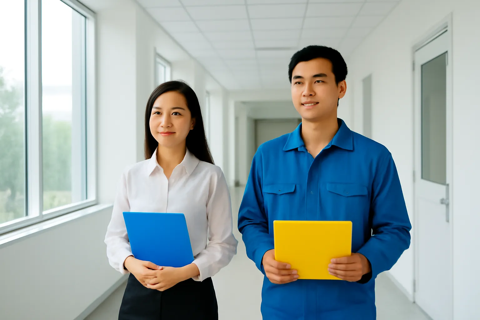 Hai người trẻ ngồi chờ phỏng vấn trong hành lang văn phòng một nhà máy