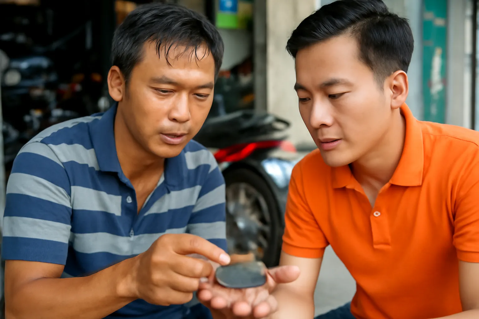 Người thợ sửa xe chỉ cho khách xem chiếc má phanh đã mòn