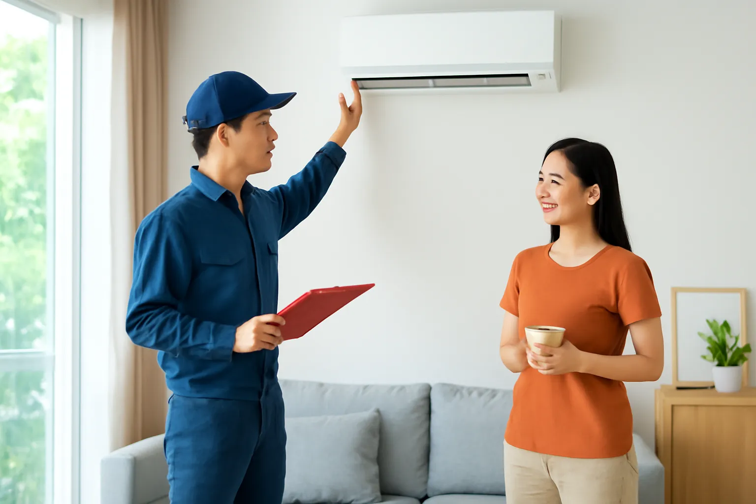Người thợ điện lạnh quay lại kiểm tra máy lạnh cho một gia đình