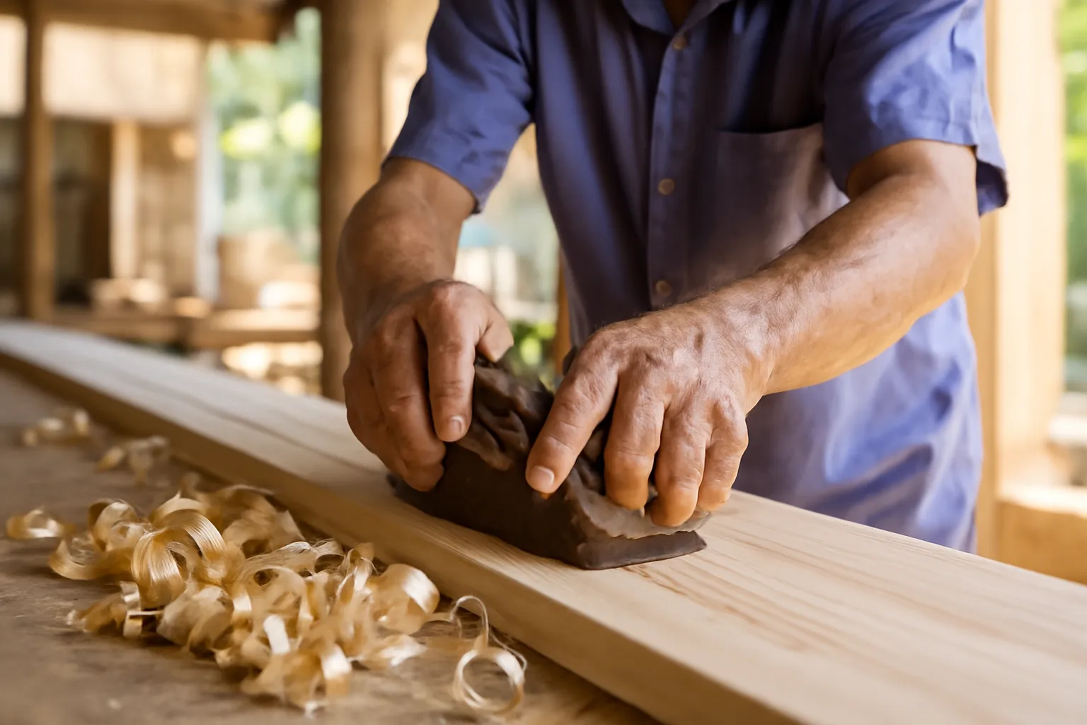 Đôi tay người thợ mộc lớn tuổi bào một tấm gỗ dài trong xưởng sáng