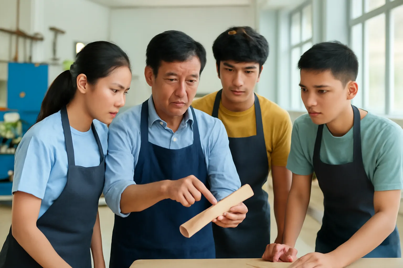 Người đàn ông trung niên mặc đồ bảo hộ đứng học cùng những người trẻ trong một lớp thực hành nghề