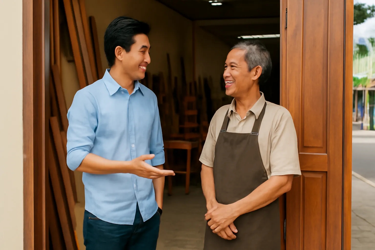 Chàng trai trẻ đứng ở cửa xưởng mộc nói chuyện với người thợ cả