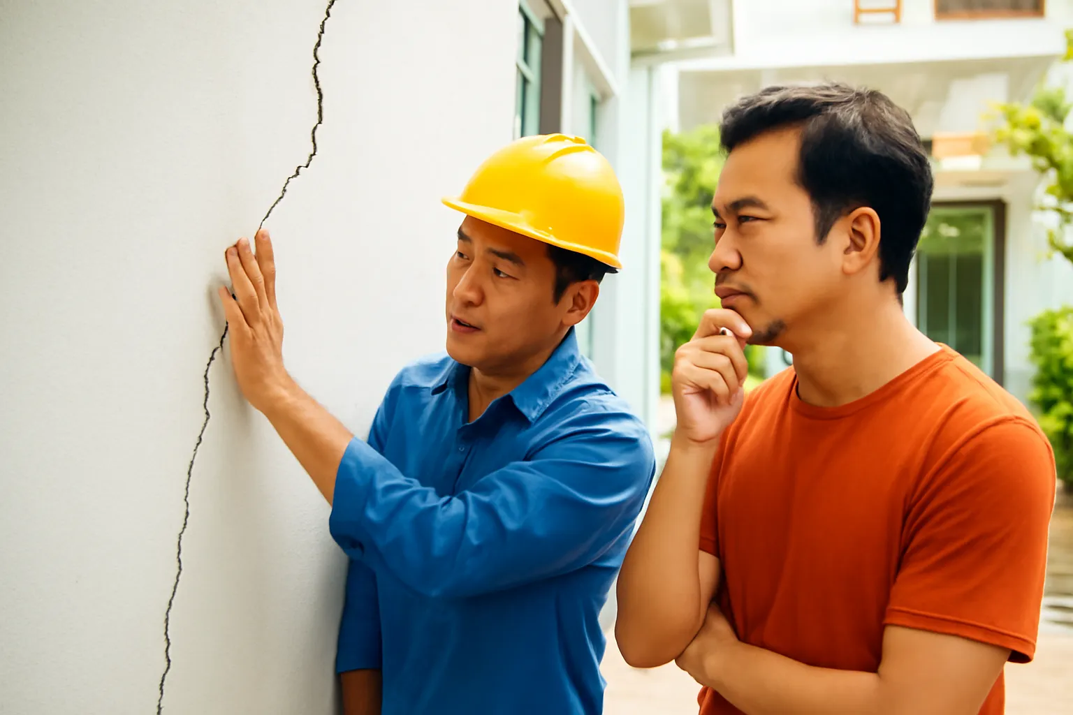 Người thợ xây mới đến xem xét một bức tường bị nứt cùng chủ nhà