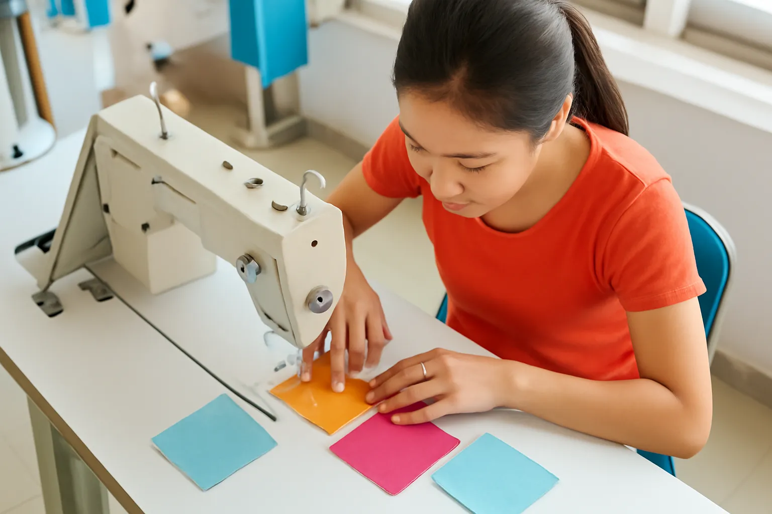 Người học may luyện đường may thẳng trên những mảnh vải vụn