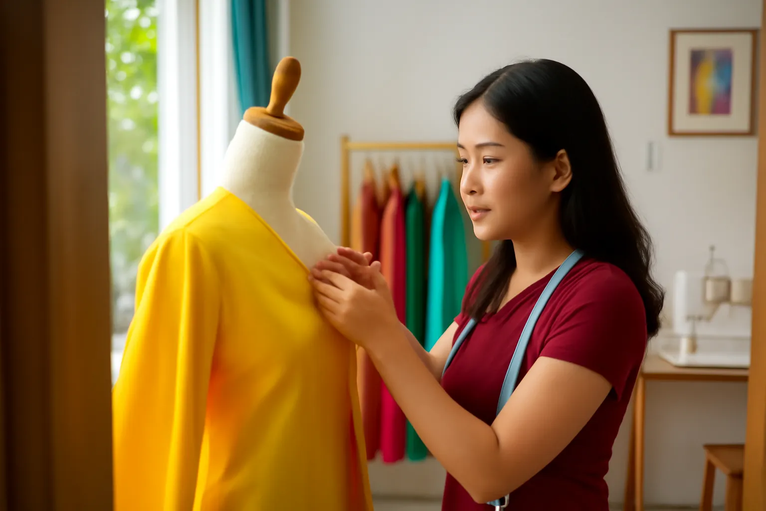 Cô thợ may đo áo dài đang ghim vải trên người mẫu ma nơ canh