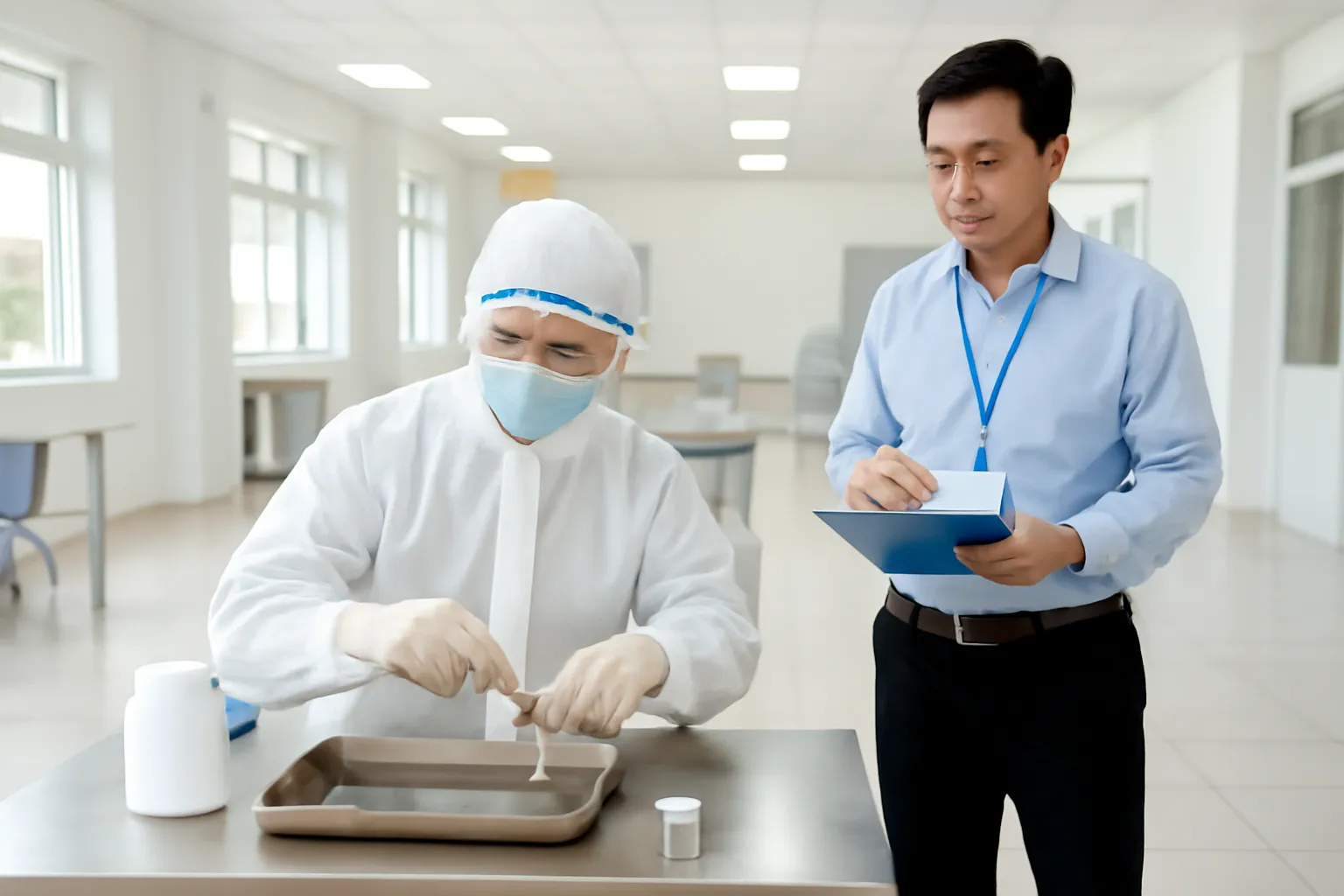 Thí sinh mặc đồ bảo hộ làm bài thi thực hành trong xưởng, giám khảo đứng quan sát