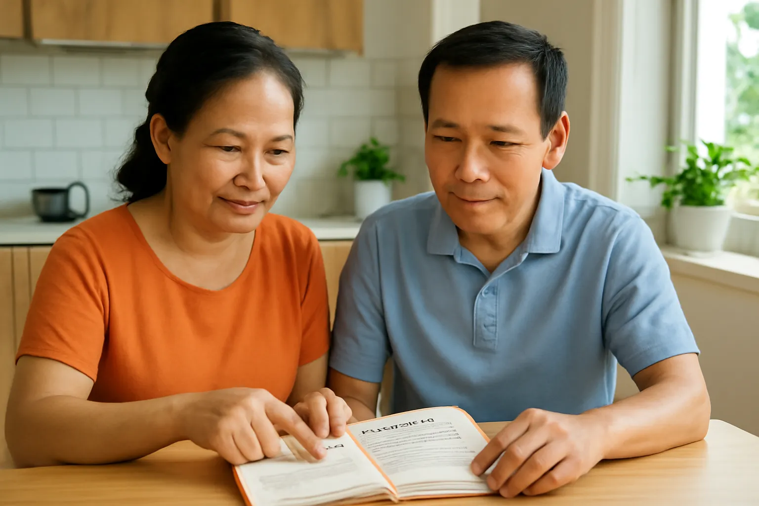 Hai vợ chồng trung niên ngồi bên bàn bếp cùng xem sổ chi tiêu gia đình