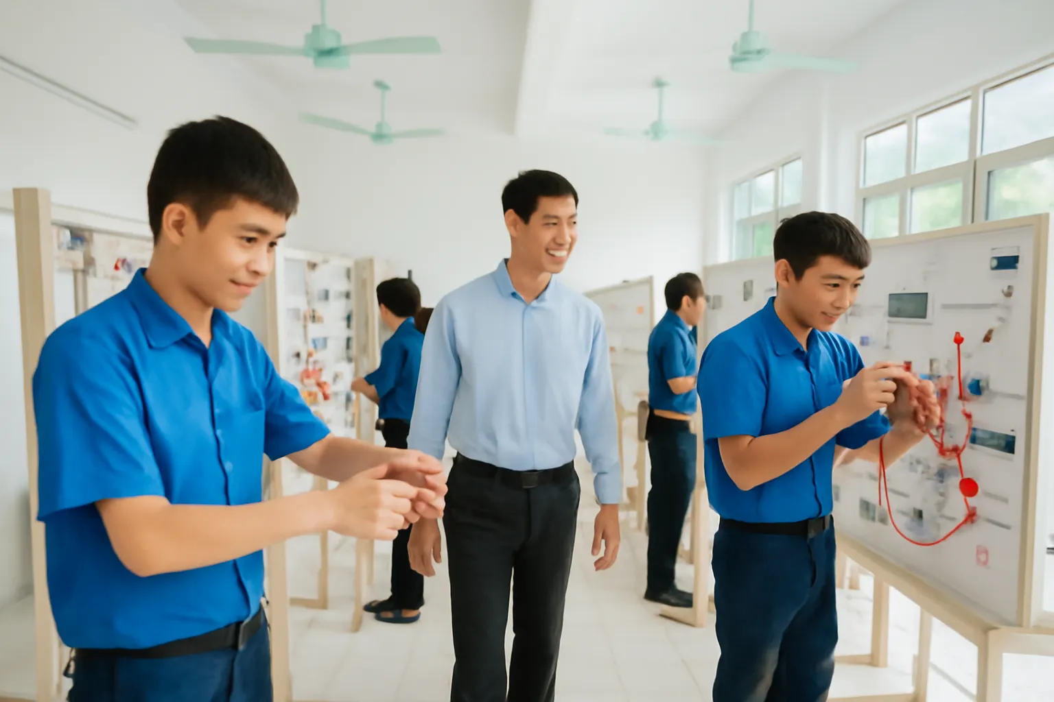 Học viên trường nghề thực hành đấu nối dây điện trên bảng tập