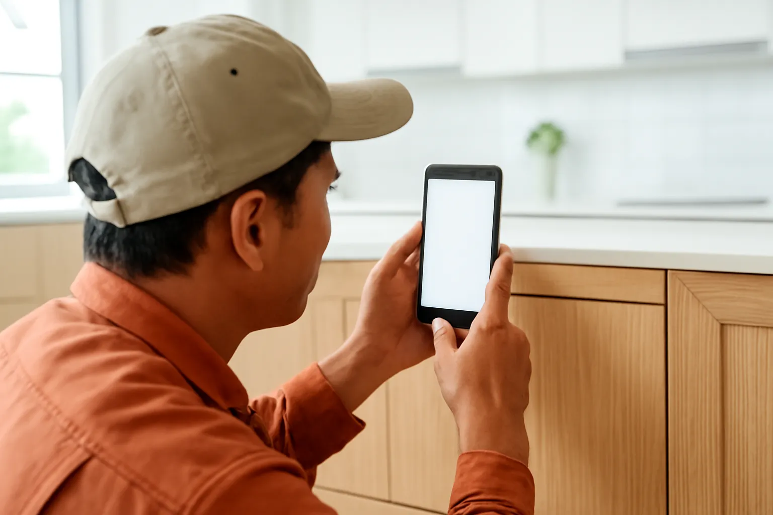Người thợ dùng điện thoại chụp góc cận một mối ghép tủ bếp vừa hoàn thiện