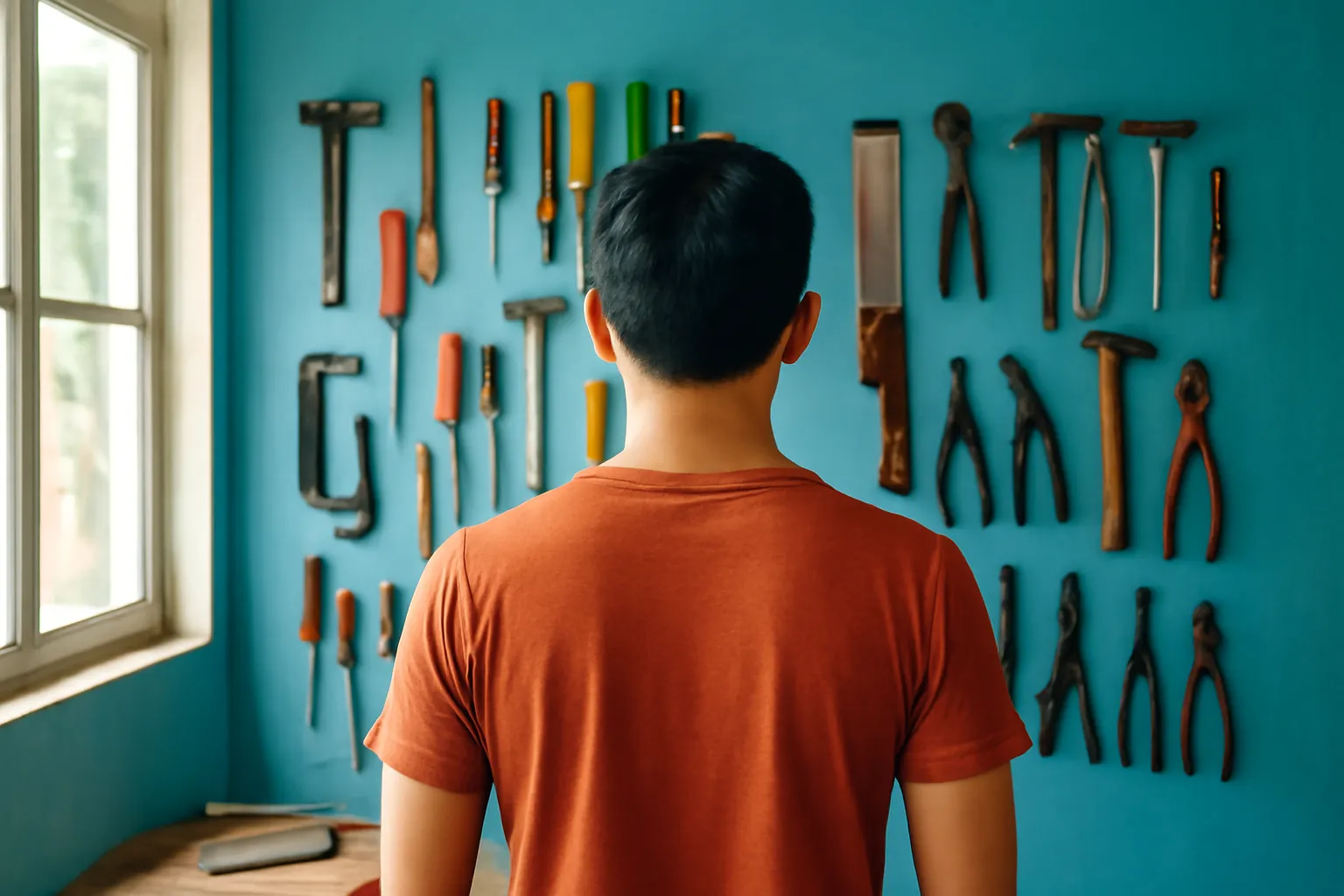 Người thợ trẻ đứng giữa xưởng nhìn hai dãy dụng cụ khác nhau trên tường