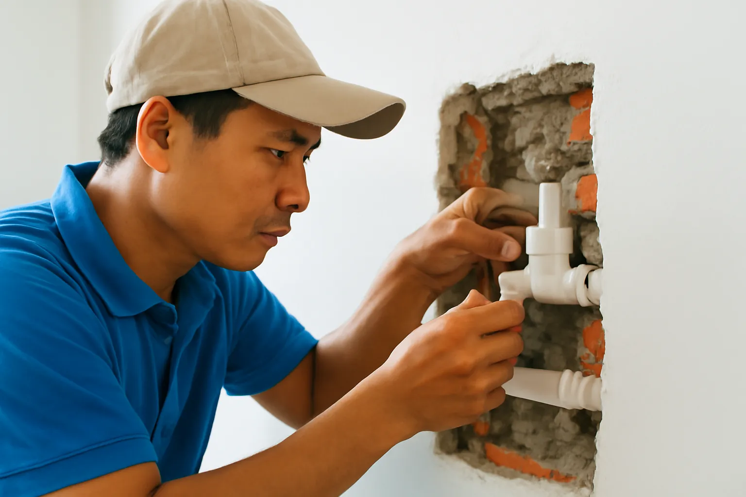 Người thợ nước đặt ống trong rãnh tường trước khi trát kín lại