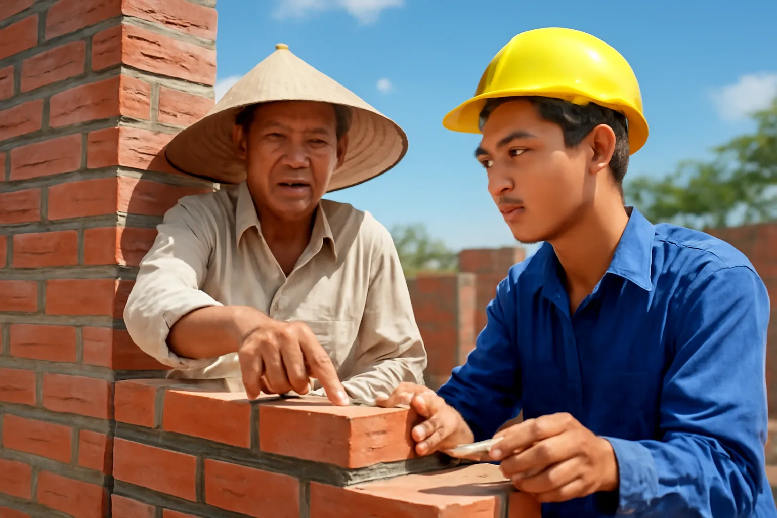Người thợ xây và người học việc cùng xây một góc tường gạch