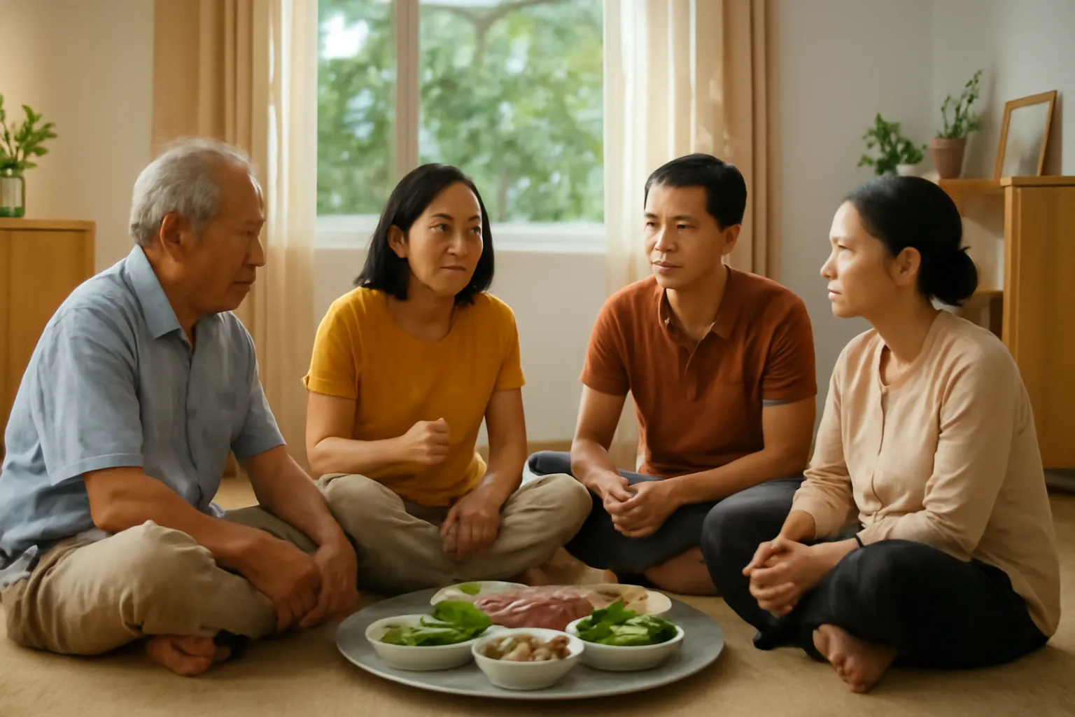Gia đình ba thế hệ ngồi quanh mâm cơm tối trò chuyện nghiêm túc