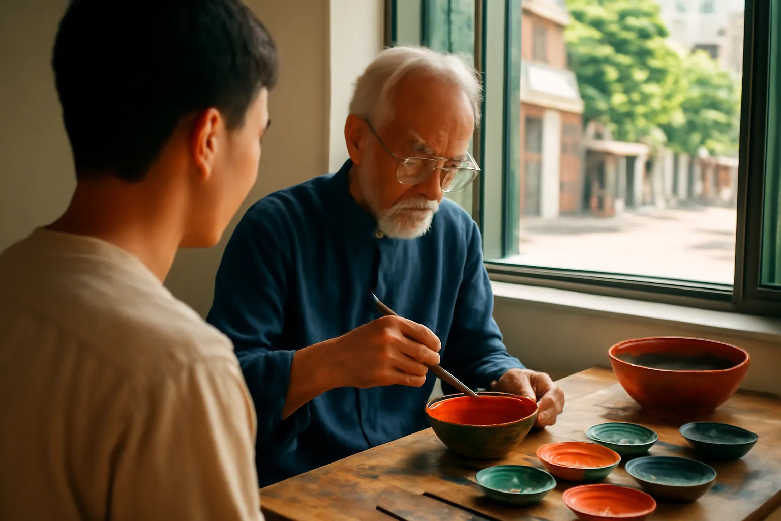 Người học việc đứng quan sát thợ cả pha màu sơn mài bên cửa sổ