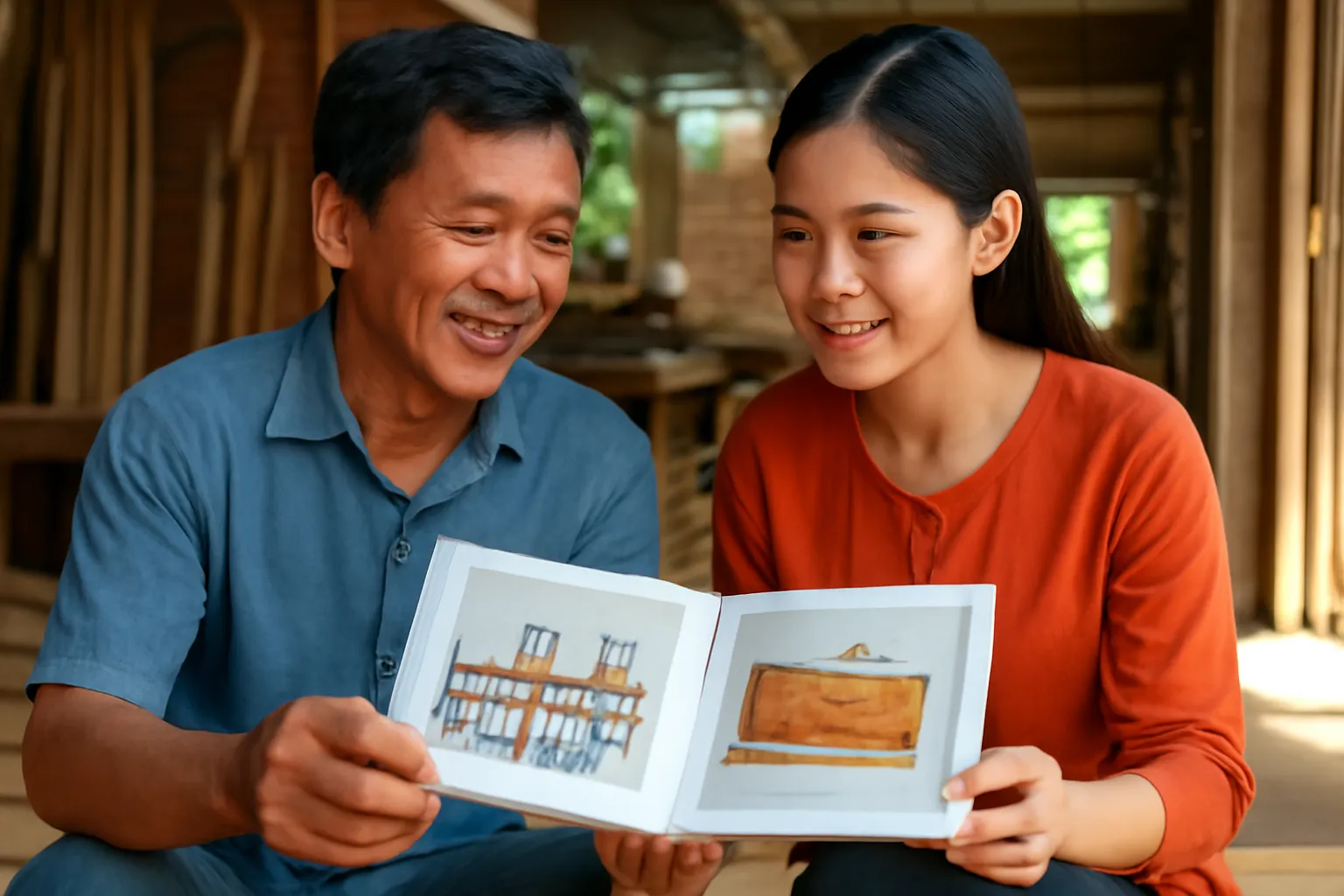 Người thợ mộc trung niên cho khách xem album ảnh các bộ bàn ghế đã làm