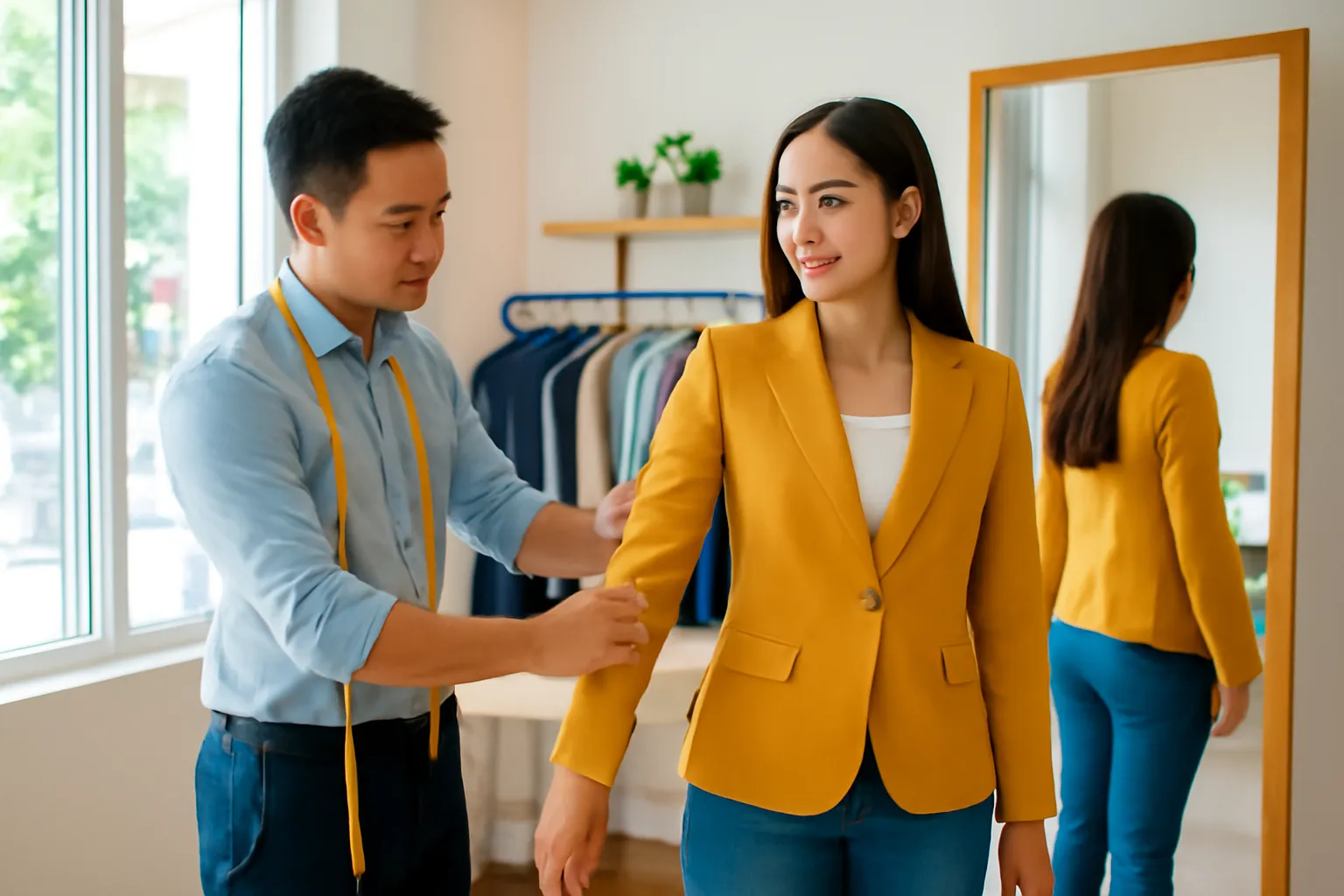 Người thợ may đo lại tay áo cho một vị khách đang soi mình trong gương