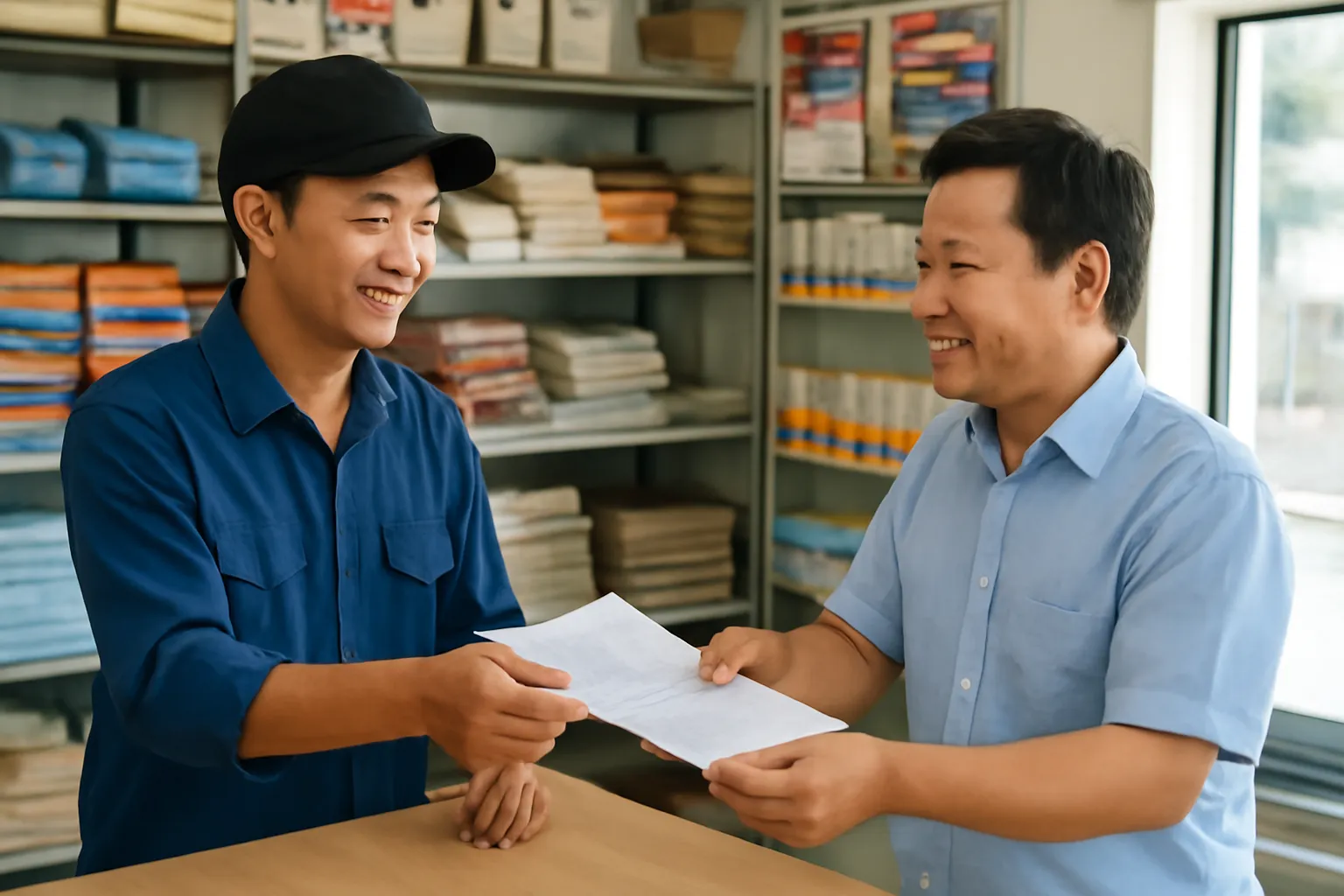Người thợ tự do đưa tờ giới thiệu cho chủ một cửa hàng vật liệu xây dựng