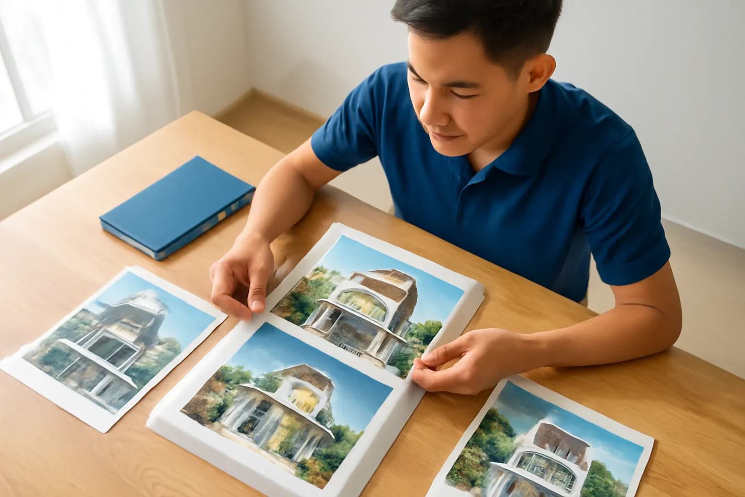 Người thợ trẻ xếp những tấm ảnh in công trình đã làm vào một tập hồ sơ trên bàn