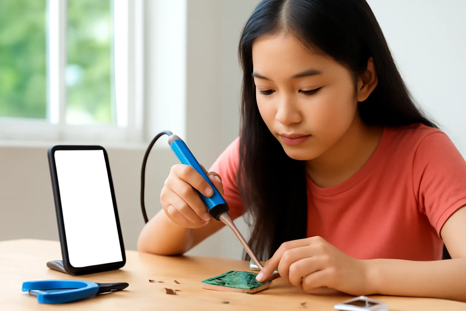 Người thợ trẻ xem video trên điện thoại đặt cạnh bàn thợ rồi làm theo