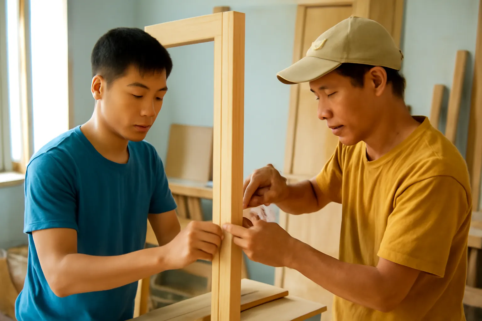 Người học việc đứng phụ thợ cả lắp khung cửa trong một xưởng nhỏ