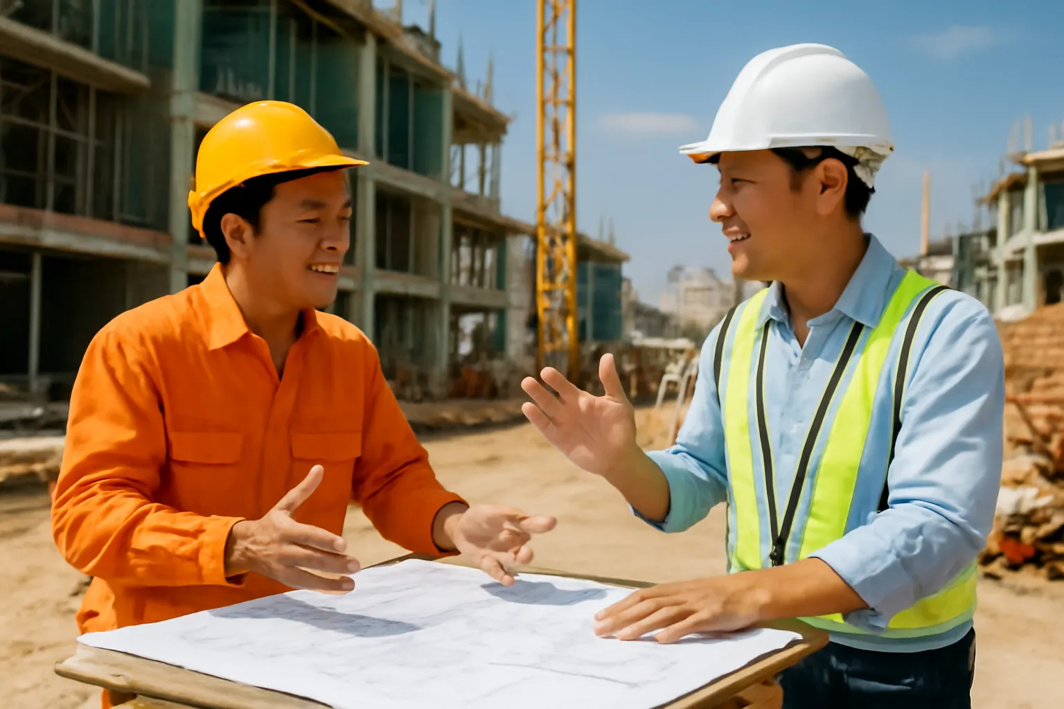 Người thợ đứng trao đổi với chủ thầu bên cạnh bản vẽ trải trên bàn công trình