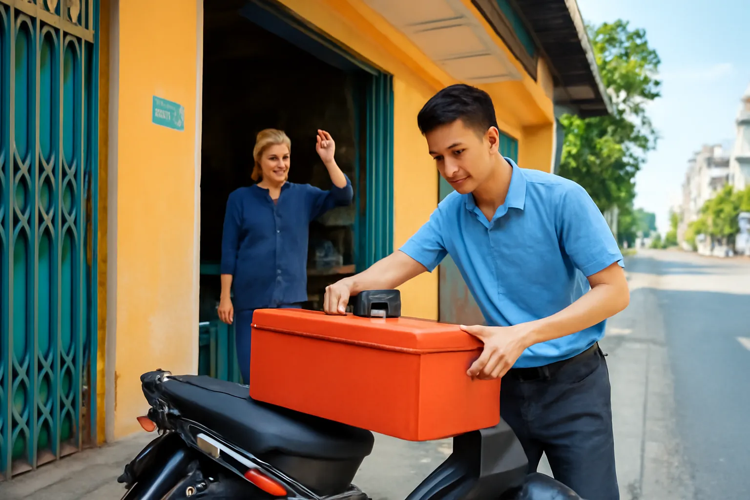 Người thợ trẻ xếp đồ nghề lên xe máy trước cửa xưởng cũ