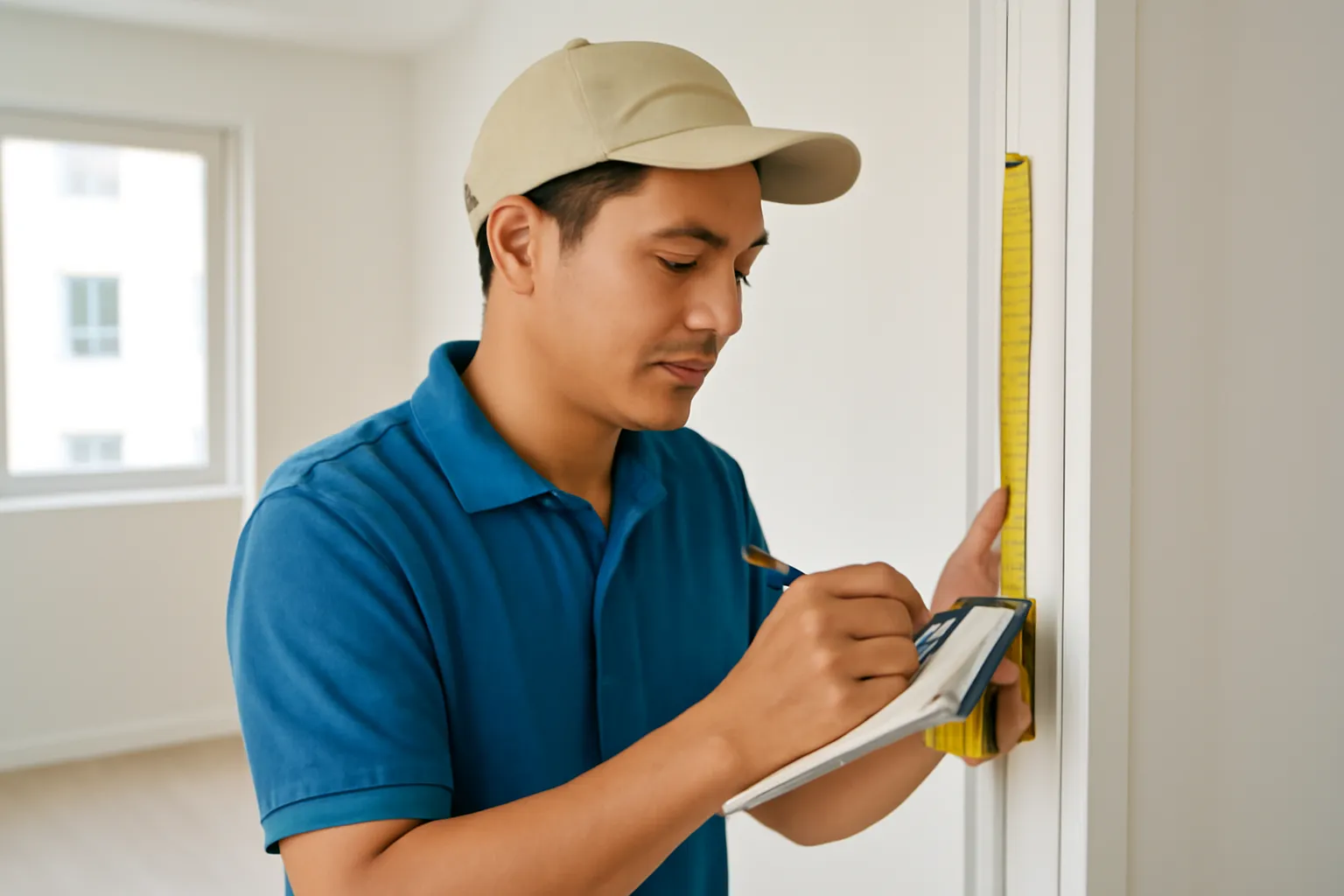Người thợ ghi số đo vào sổ tay bên cạnh khung cửa vừa đo