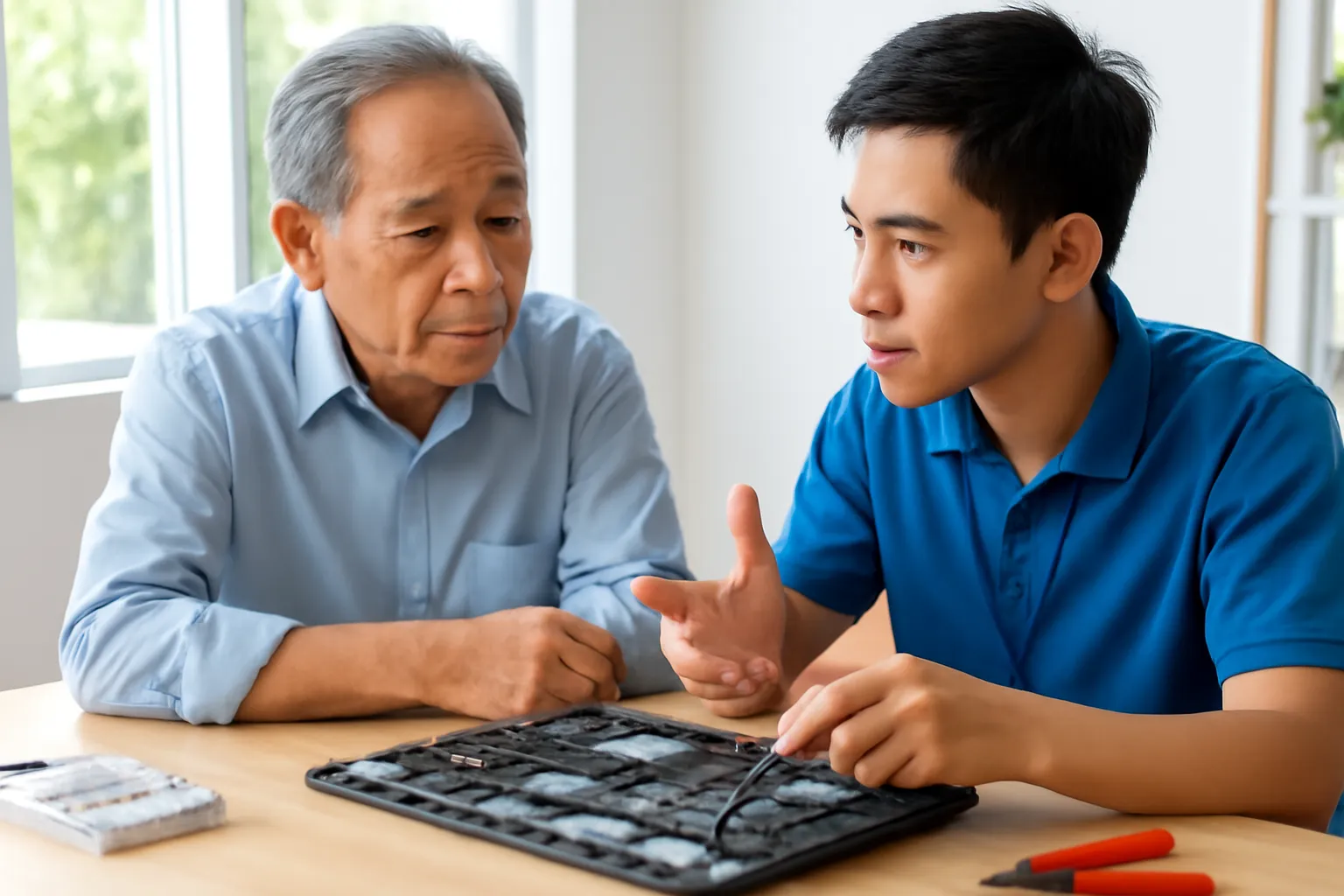 Người đàn ông lớn tuổi chăm chú nghe một kỹ thuật viên trẻ hướng dẫn bên máy tính trong phòng làm việc