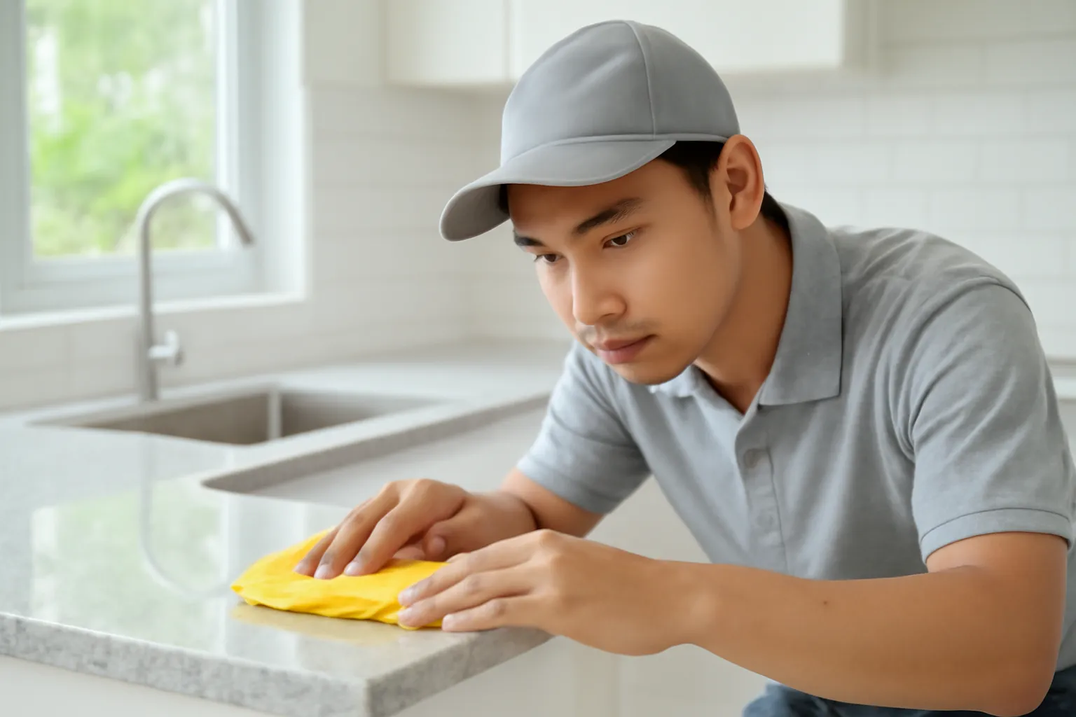 Người thợ trẻ mặc áo công ty lau sạch mặt bàn đá vừa lắp trong căn bếp