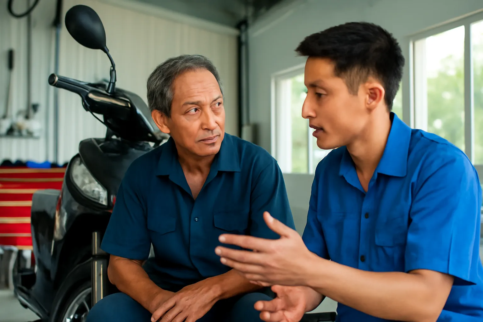 Người thợ lớn tuổi lắng nghe người học việc trẻ giải thích bên bàn làm việc