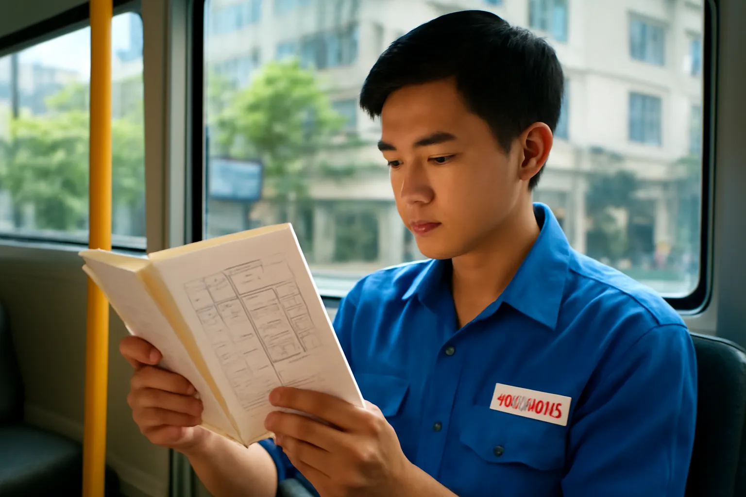 Người thợ điện trẻ xem lại sơ đồ mạch trên đường đi làm buổi sáng