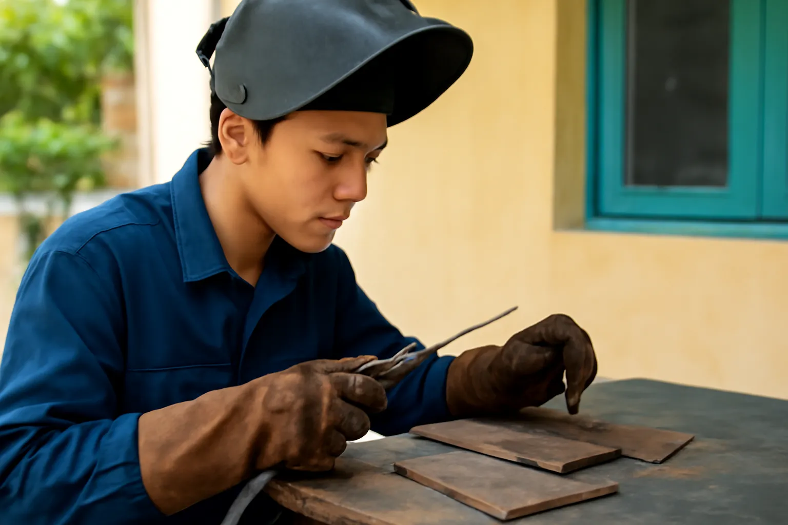 Người thợ hàn trẻ luyện đường hàn trên những miếng thép vụn ở góc xưởng
