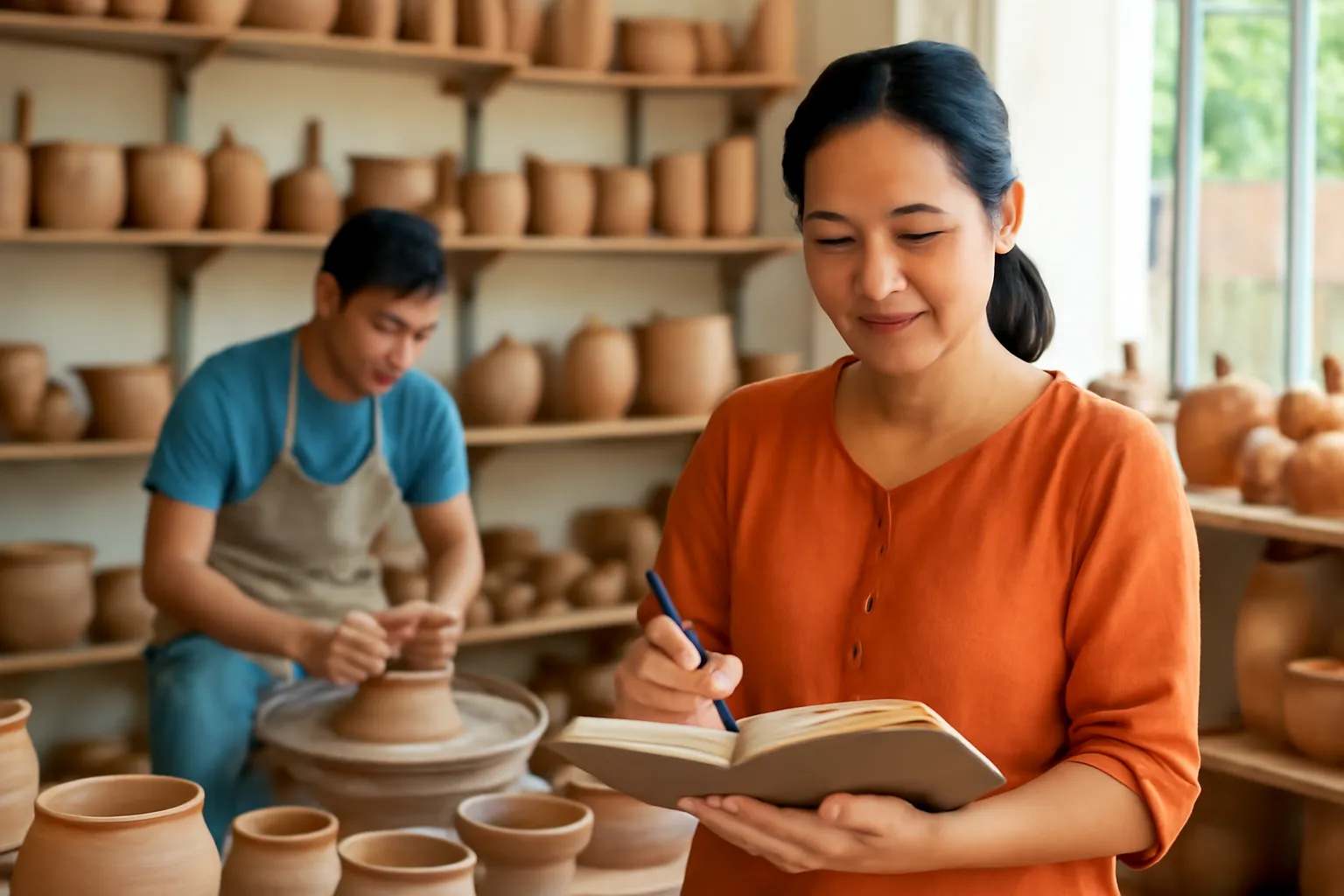 Người phụ nữ trung niên ghi chép trong sổ khi đứng giữa một xưởng gốm