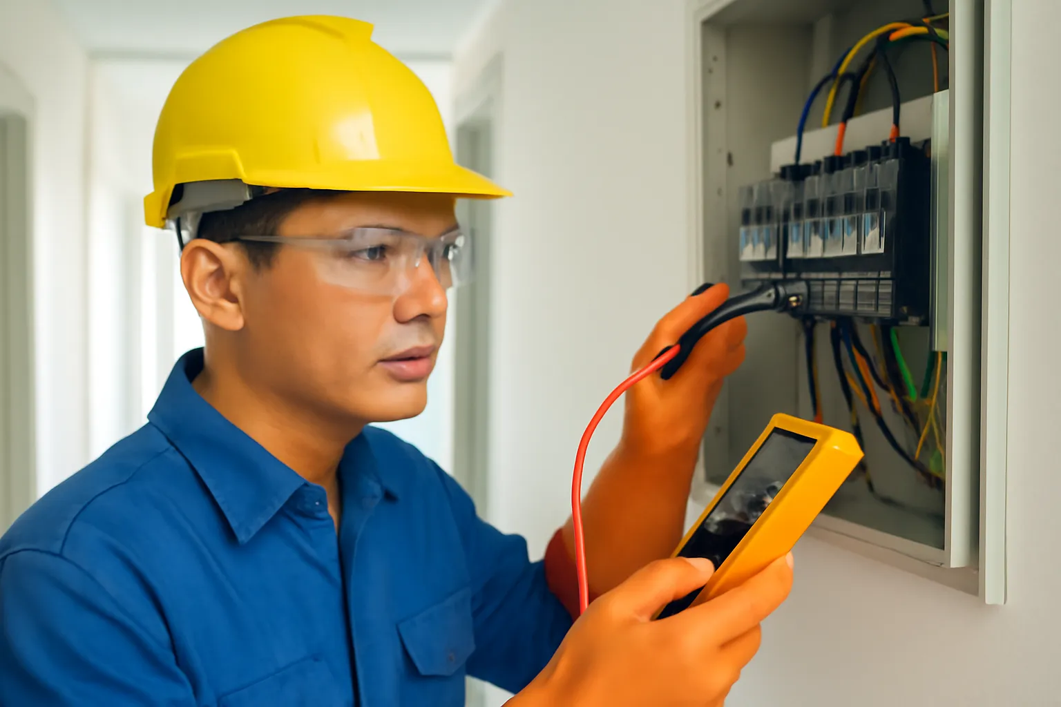 Người thợ điện đeo găng cách điện kiểm tra tủ điện của một căn nhà phố
