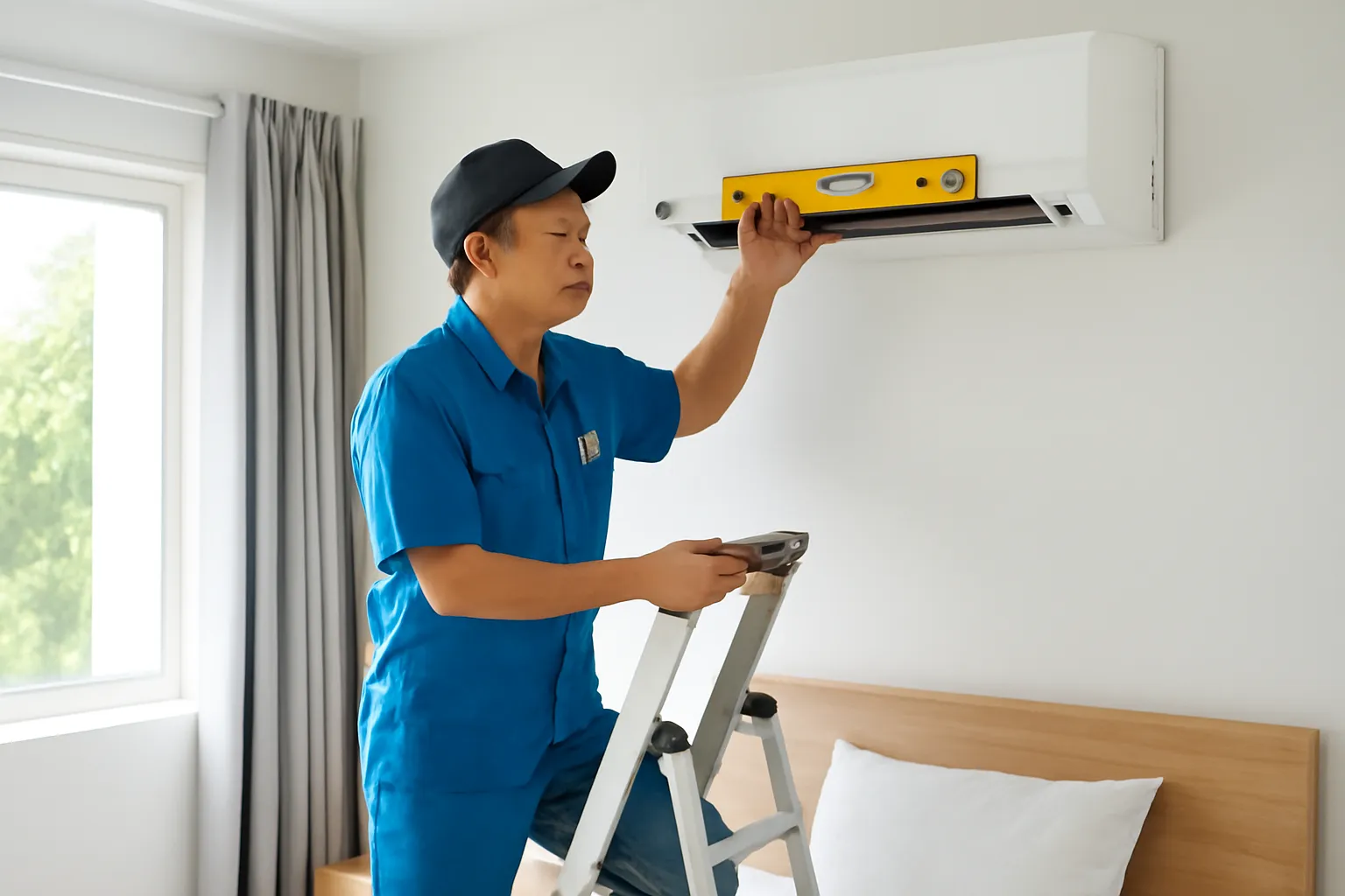 Thợ điện lạnh đứng trên thang lắp dàn lạnh máy điều hoà trong phòng ngủ