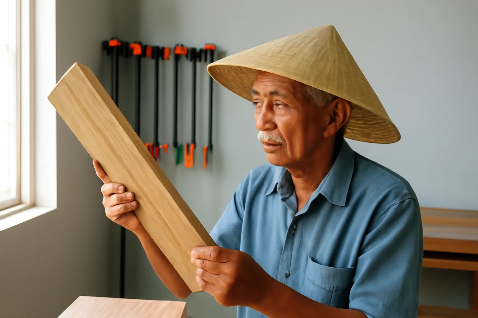 Người thợ mộc lớn tuổi nghiêng tấm gỗ dưới ánh sáng để xem vân thớ