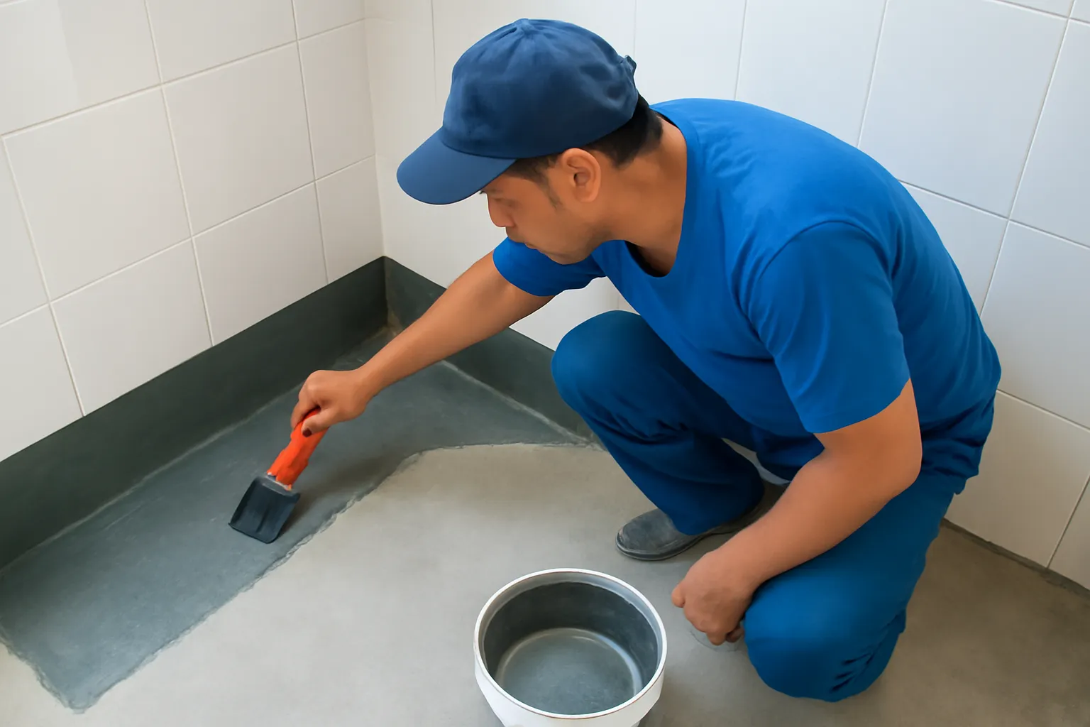 Người thợ nước quét lớp chống thấm lên sàn nhà tắm chưa lát gạch