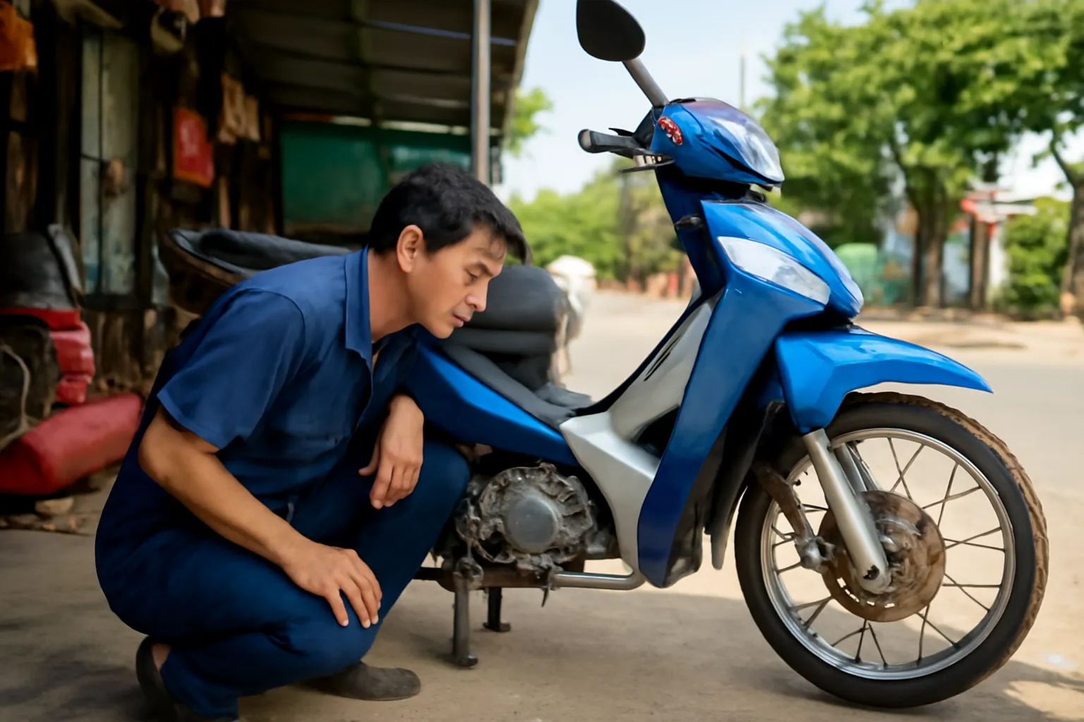 Người thợ sửa xe ngồi xổm nghiêng tai nghe tiếng máy một chiếc xe tay ga