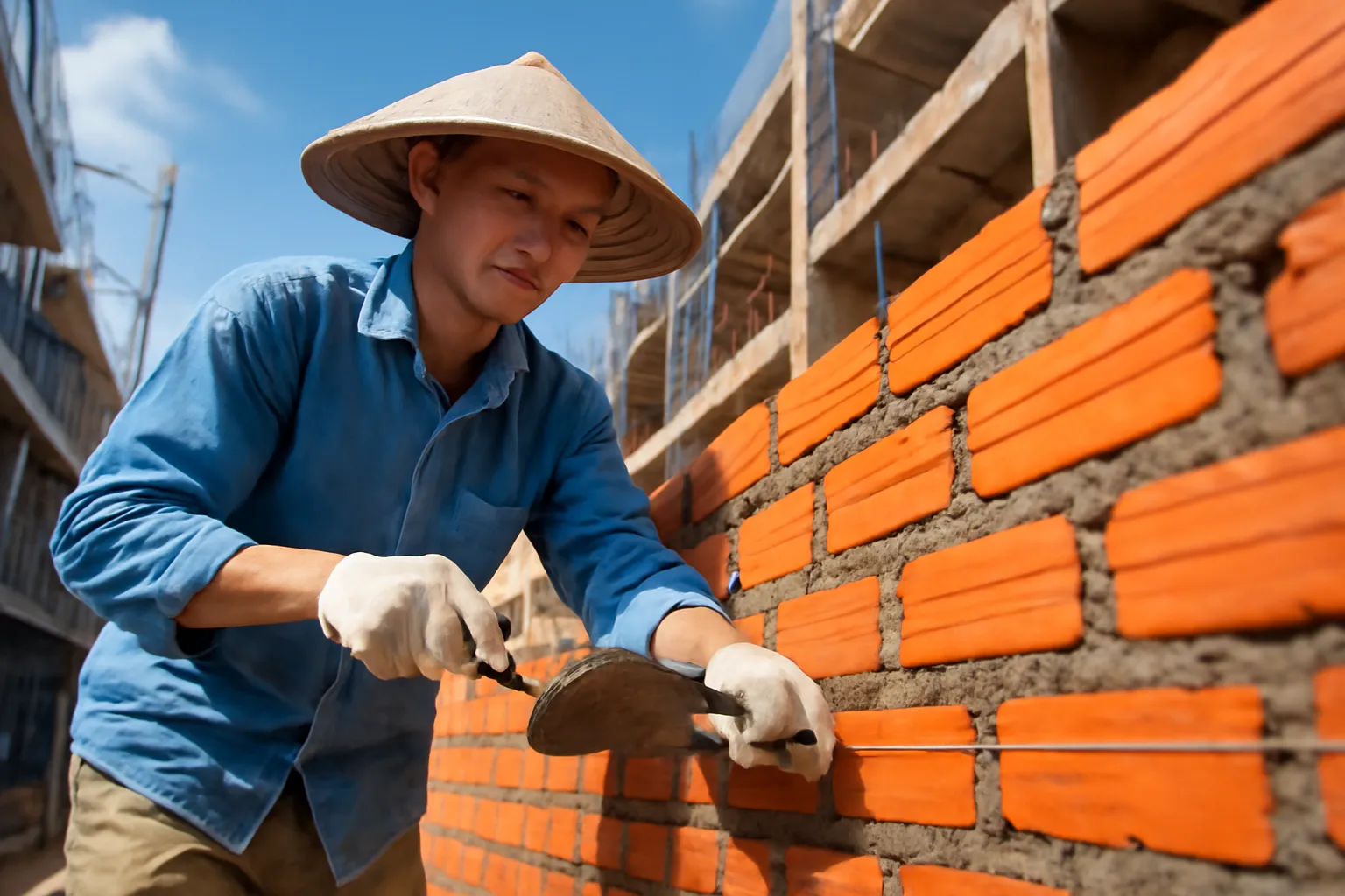 Người thợ xây căng dây dọc theo hàng gạch đang xây ở một ngôi nhà phố