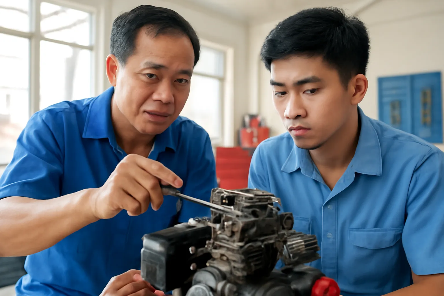 Người thợ sửa máy giải thích chậm rãi cho người học việc, chỉ vào từng bộ phận của động cơ