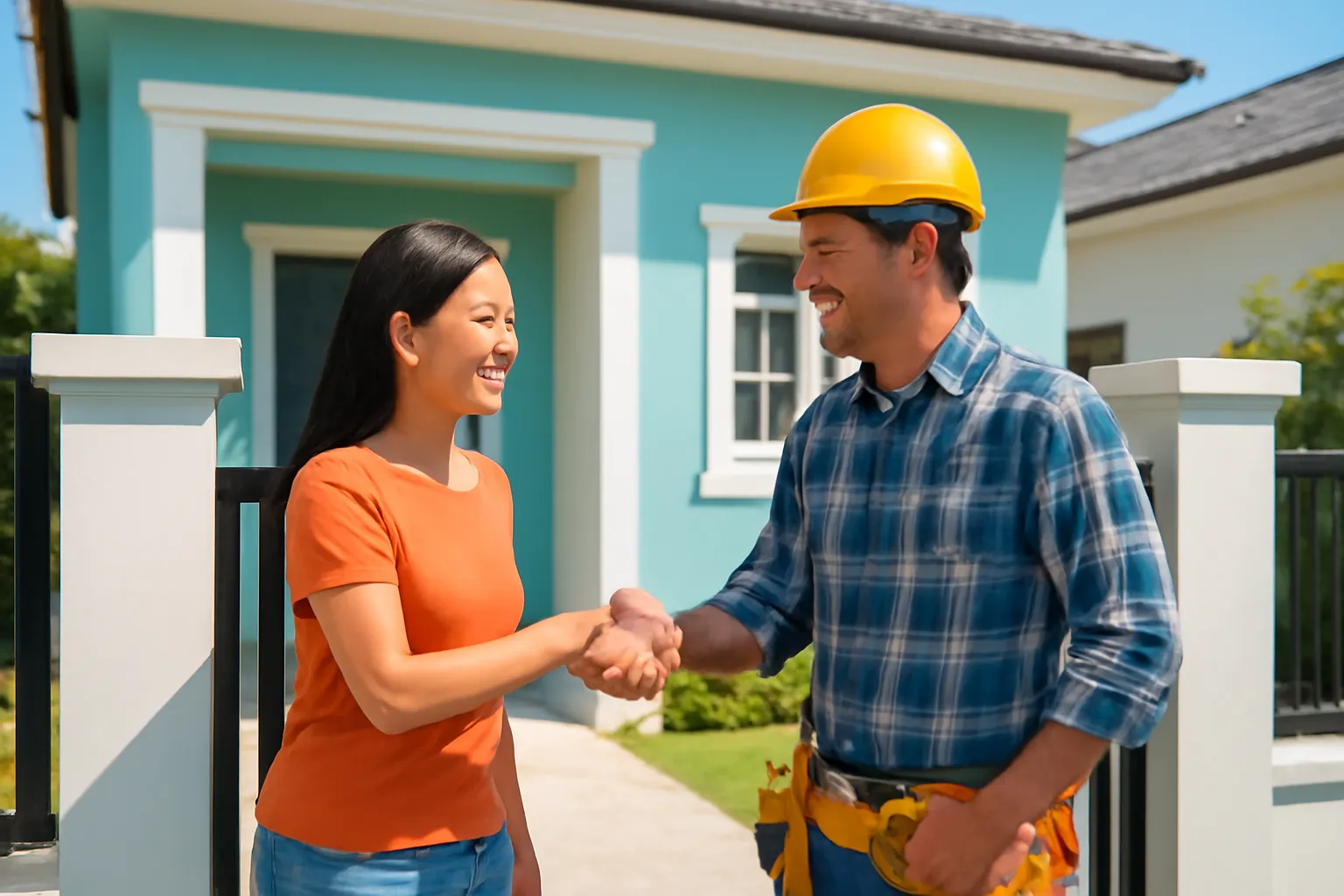 Chủ nhà bắt tay cảm ơn người thợ trước cổng sau khi hoàn thành công trình