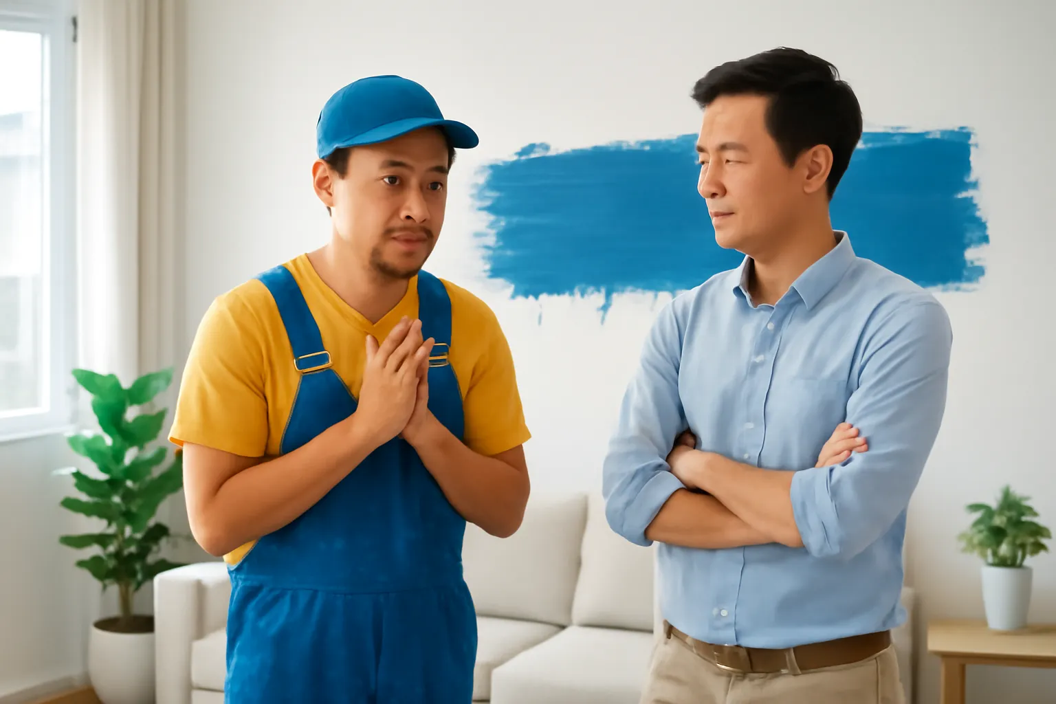 Người thợ sơn đứng nói chuyện với chủ nhà trước một vệt sơn bị lem trên tường