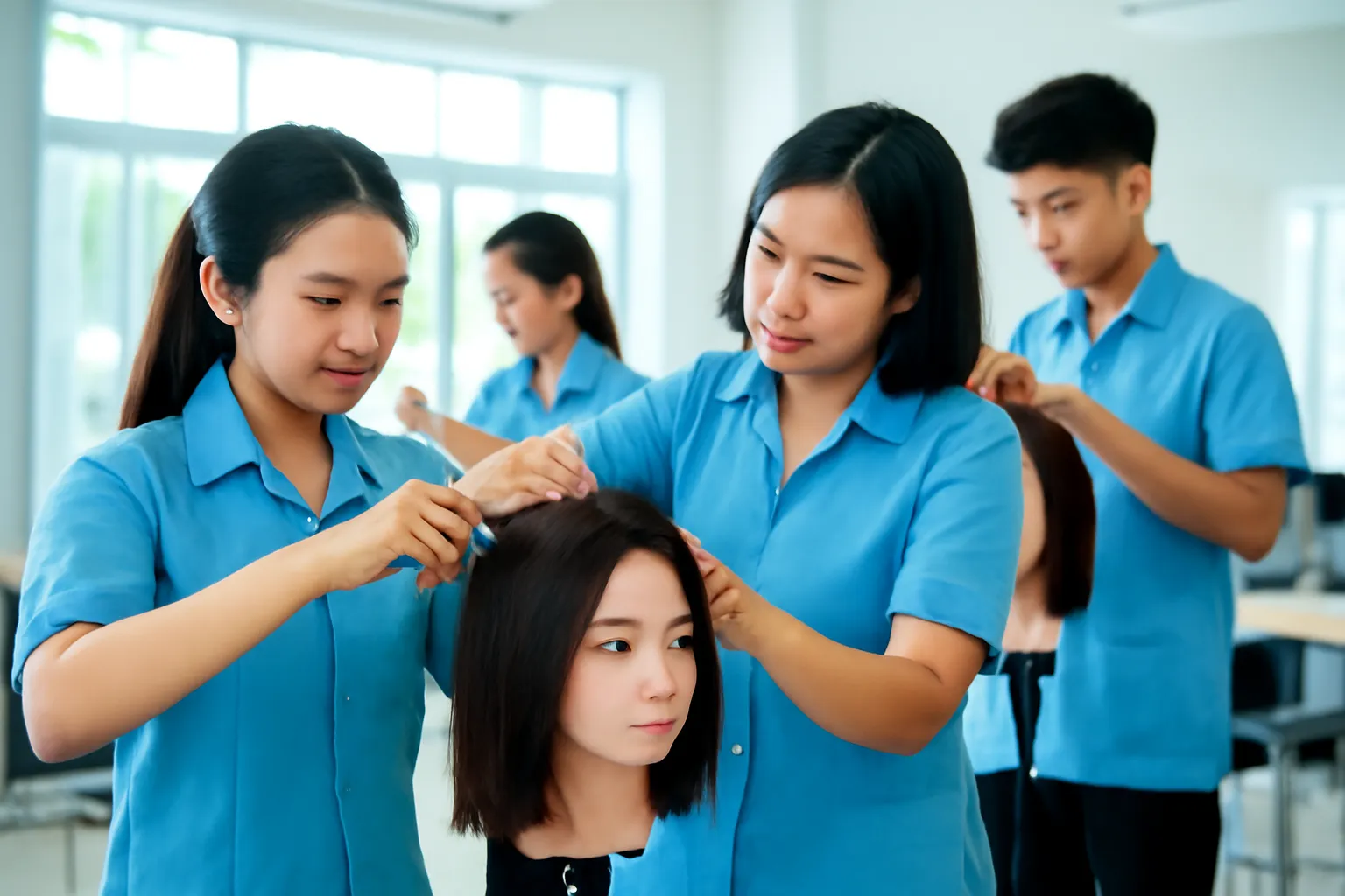 Học viên tập cắt tóc trên đầu mẫu tại một lớp học nghề sáng sủa