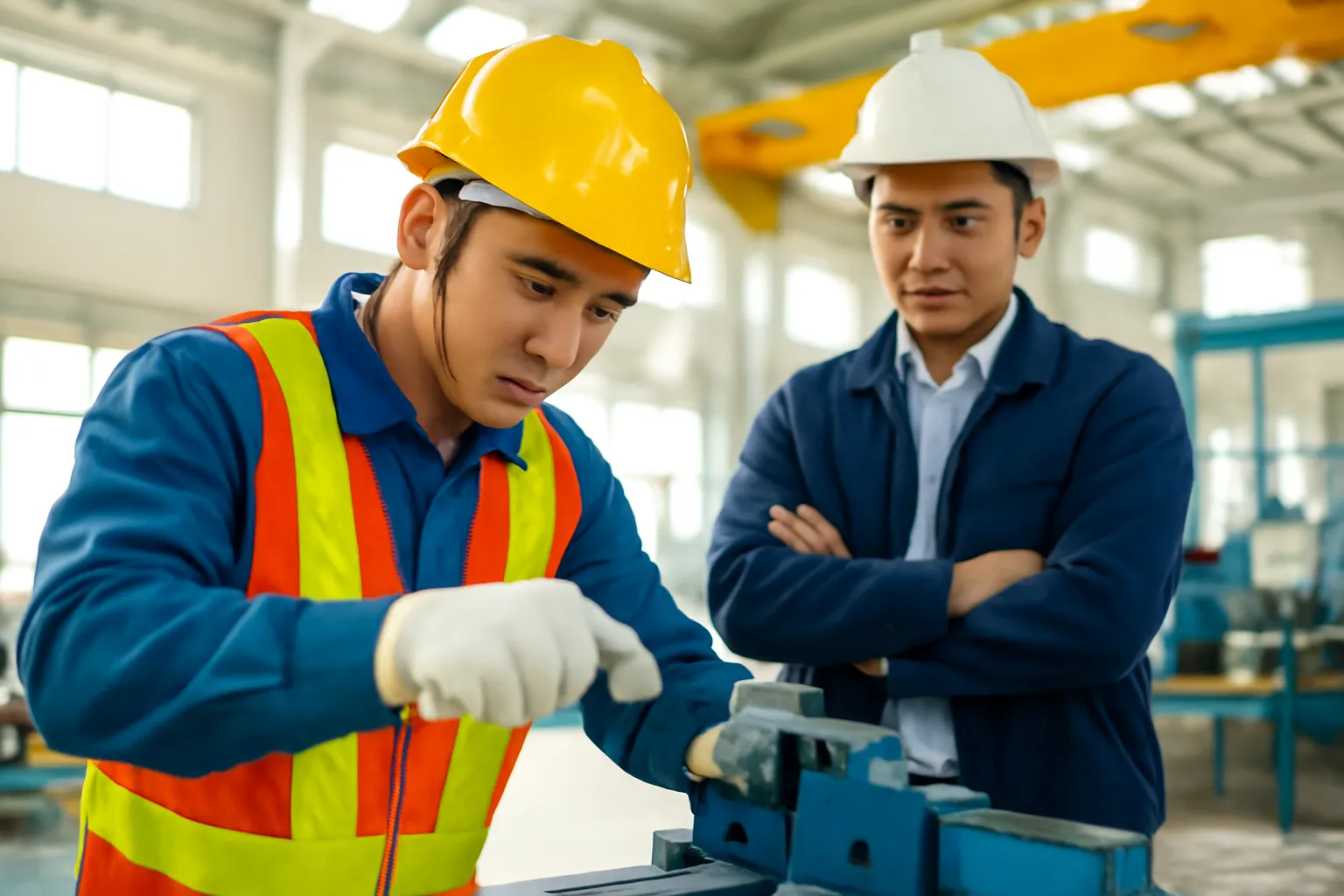 Ứng viên làm bài thử hàn trong xưởng trong khi quản đốc đứng quan sát