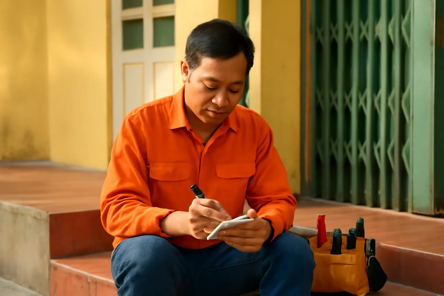 Người thợ điện ngồi trên bậc thềm ghi chép vào sổ tay sau ca làm