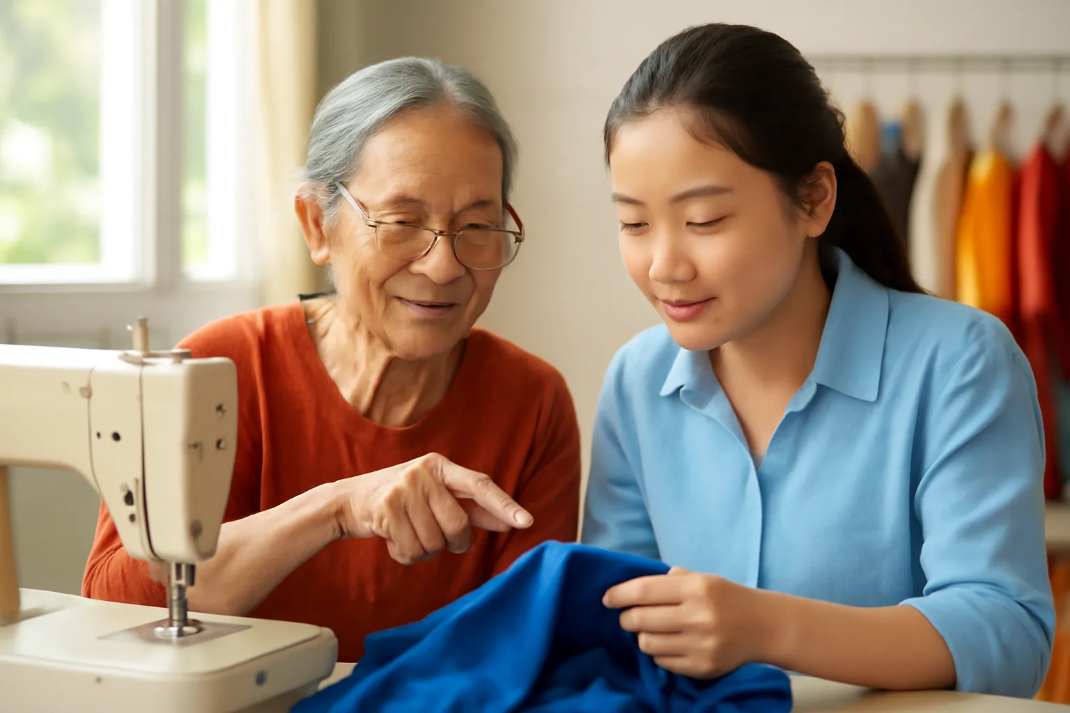 Người thợ may lớn tuổi nhẹ nhàng chỉ lỗi đường may cho cô học trò trẻ
