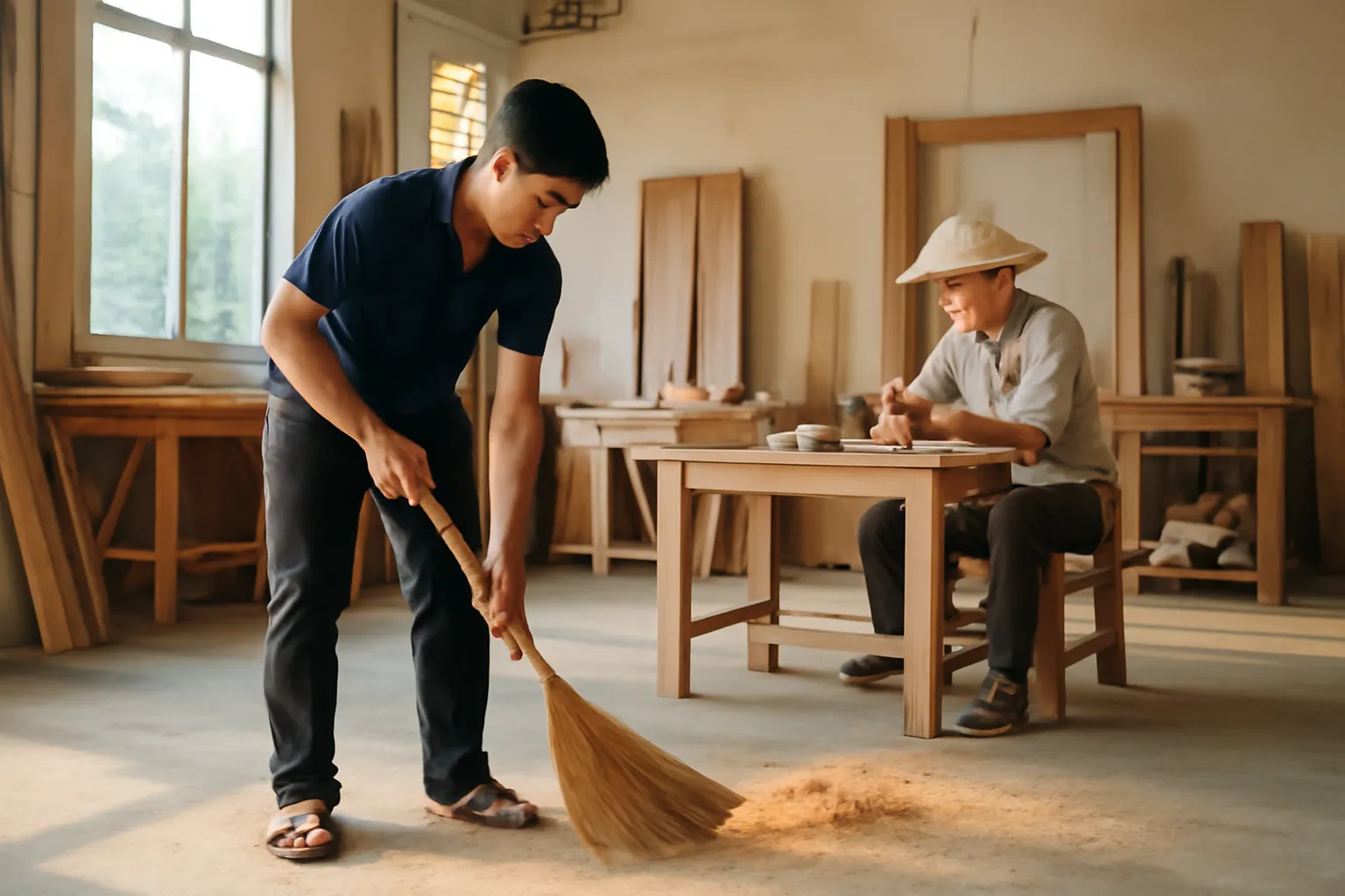 Người học việc trẻ quét mùn cưa trong xưởng mộc buổi sáng sớm