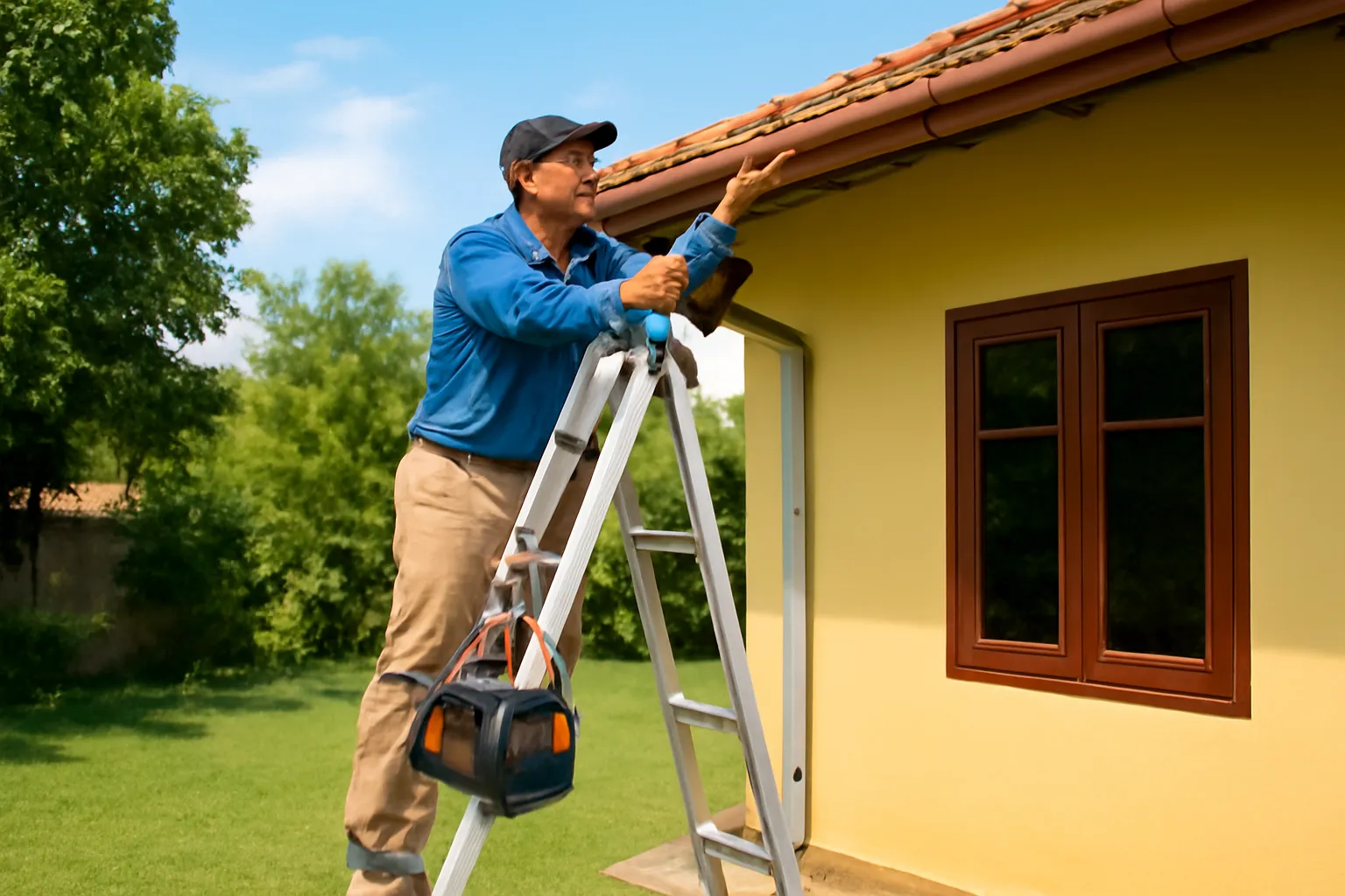 Người thợ trung niên sửa mái tôn rồi lắp vòi nước cho một ngôi nhà ở quê