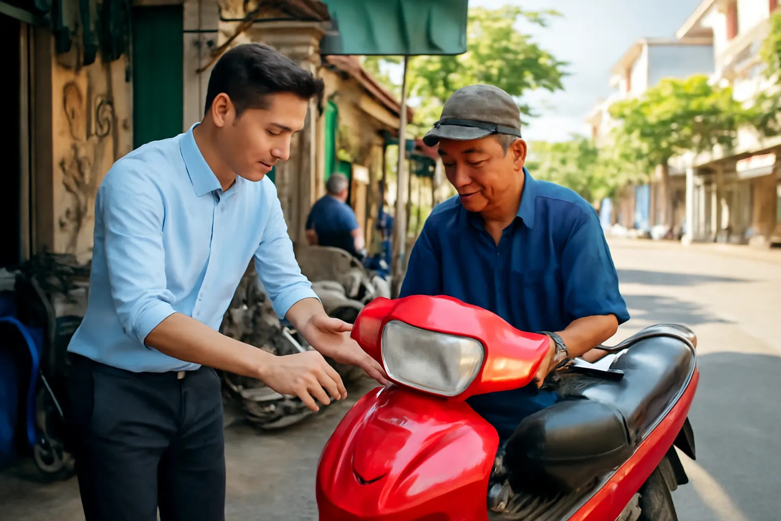 Người đàn ông mặc áo sơ mi văn phòng xắn tay áo phụ việc ở xưởng sửa xe cuối tuần
