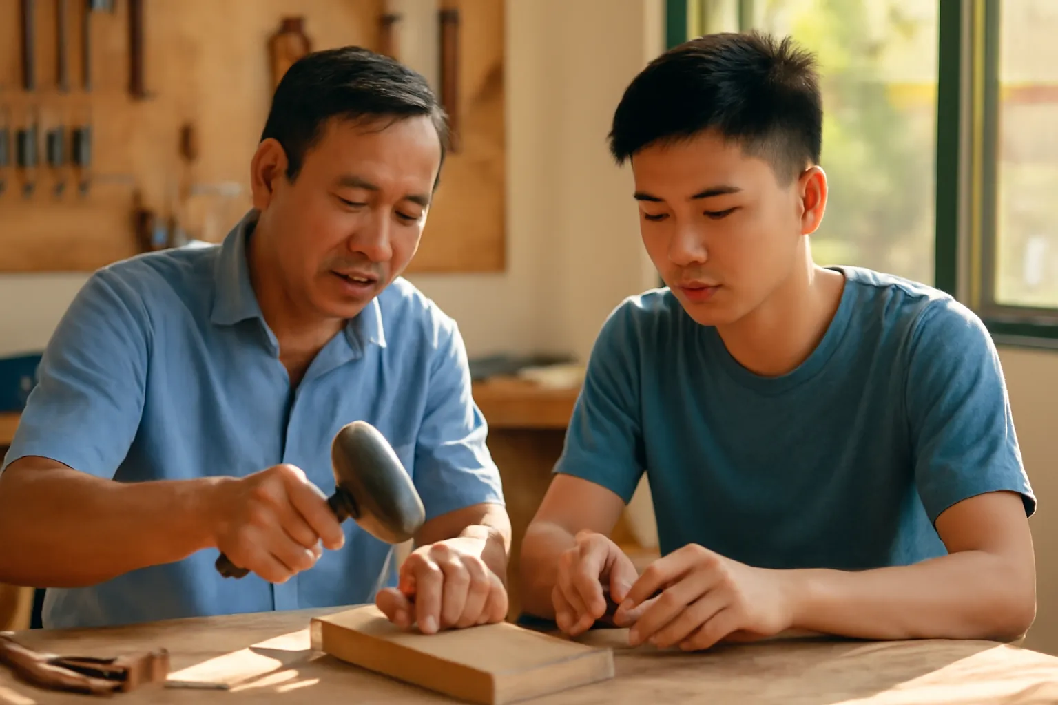 Người cha và cậu con trai tuổi mới lớn cùng làm việc bên bàn thợ trong xưởng gia đình